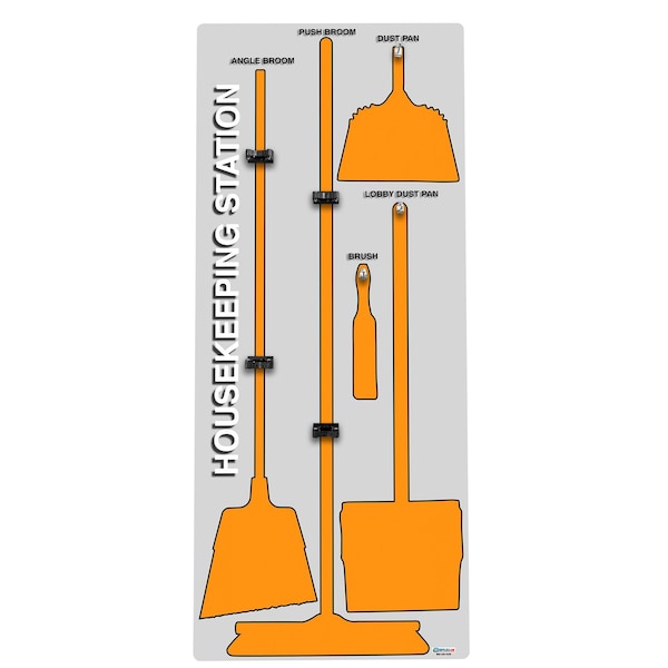 5S Housekeeping Shadow Board Broom Station Version 1 - Gray Board / Orange Shadows No Broom